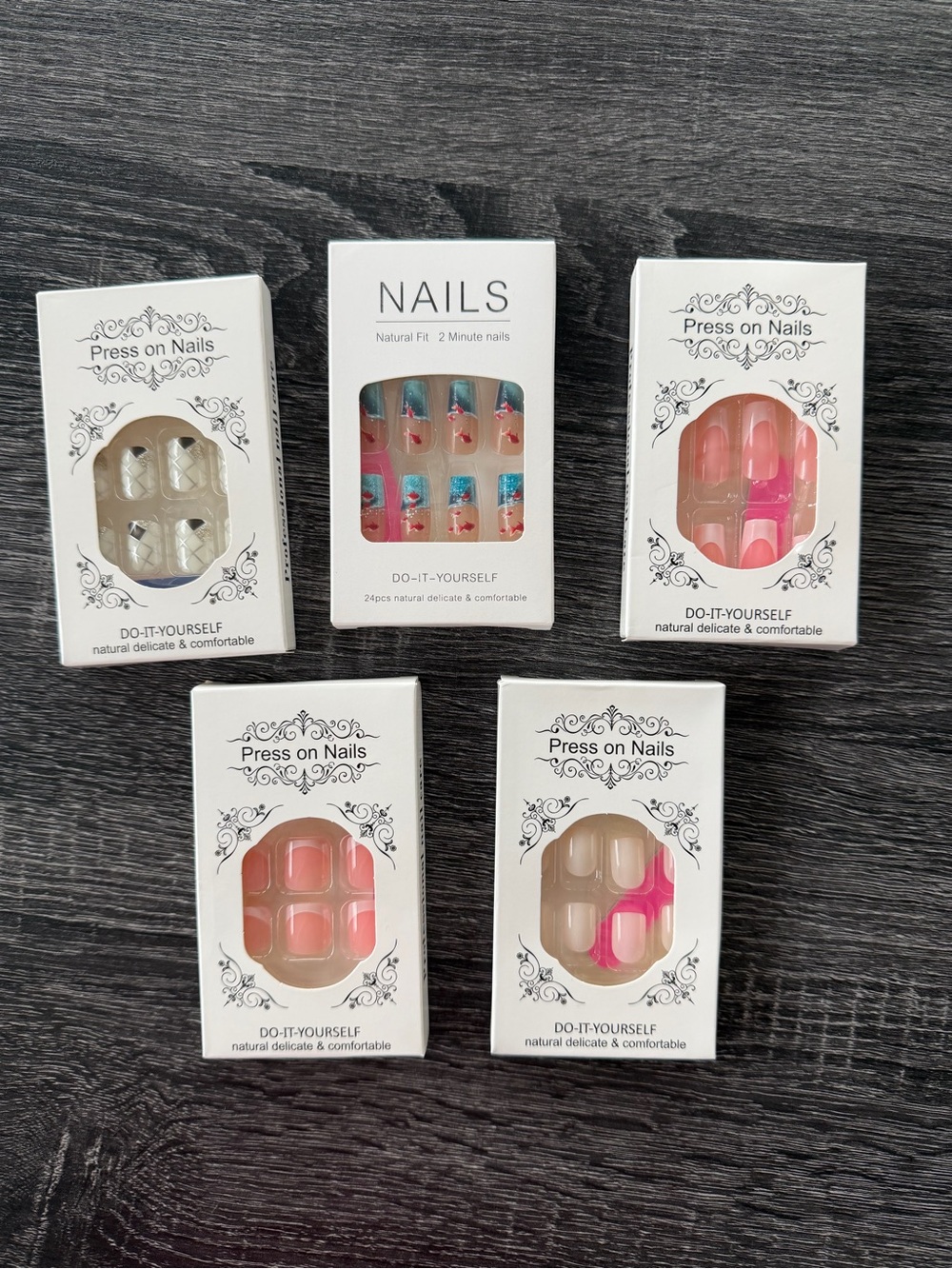 5 Complete Sets of Press On Nails- 24 Nails In Each Box- Brand New